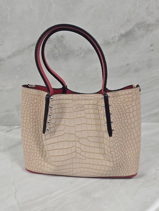 Christian Louboutin Handbags - Christian Louboutin Cabarock Beige Croc-Embossed Tote with Red Trim - NWOT